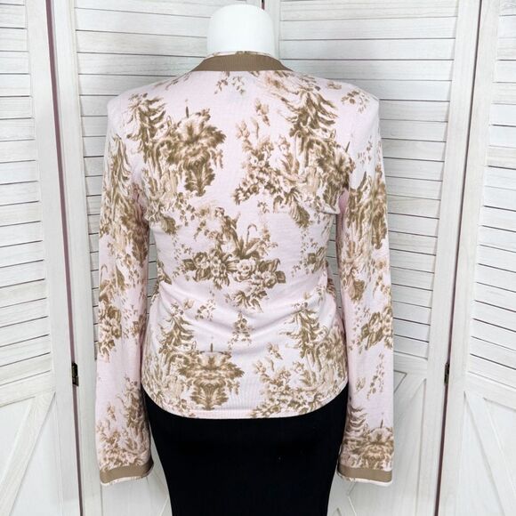 Shae Anthropologie Floral Ribbon Trim Cardigan Sweater Pink Tan Large - Picture 4 of 11